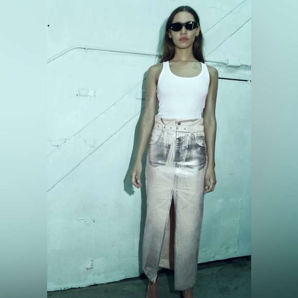 NWOT Zara Metallic Silver High-Waisted Midi Skirt – Size Small - Picture 5 of 15